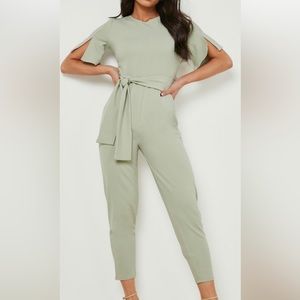 Petite Cape Sleeve Belted Jumpsuit